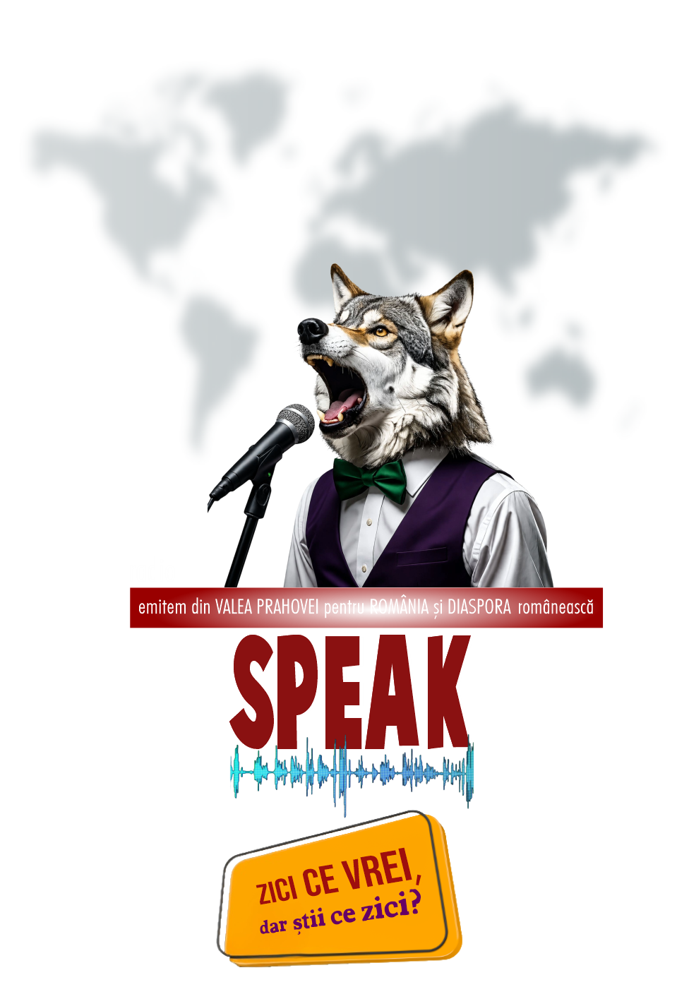 Mascota RadioSpeak — lupul cântăreț la microfon, cu sloganul „Zici ce vrei, dar știi ce zici?”